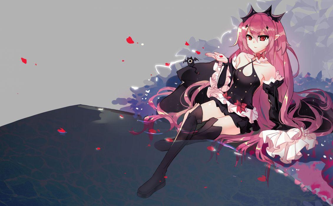 1131x700 Animal bat collar dress krul tepes long hair owari no seraph petals pink hair pointed ears red eyes thighhighs tiara tsubasa19900920 vampire water wallpaperx2271