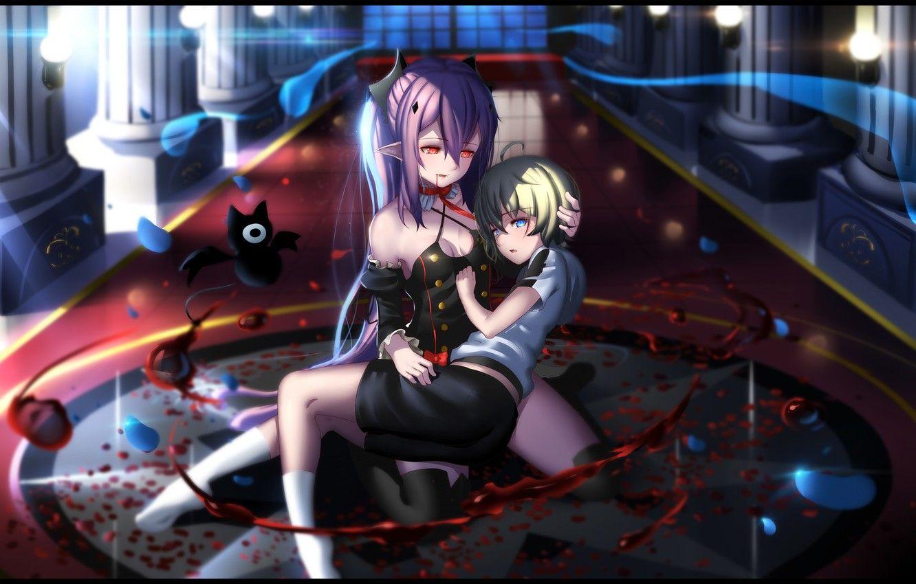 1332x850 Wallpaper girl, blood, vampire, guy, anime, art, Krul Tepes, The Last Seraphim, Mikaela Hyakuya, Owari no Seraph image for desktop, section прочее