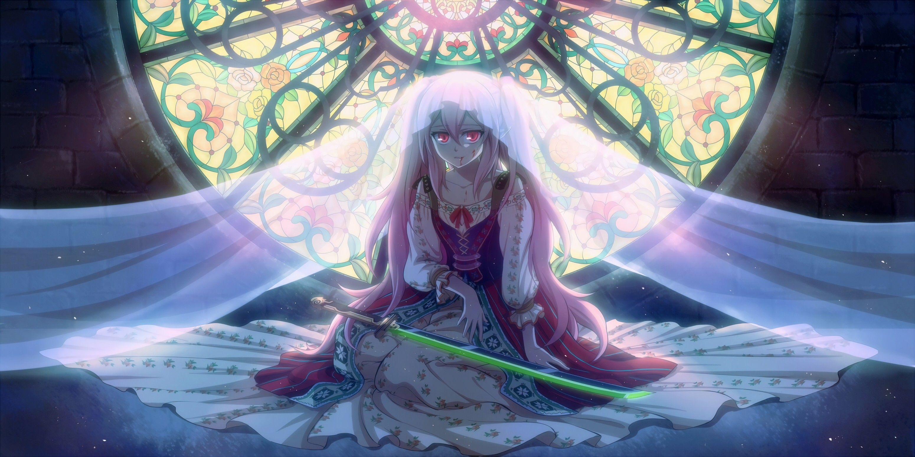 3100x1550 long hair, Pink hair, Pink eyes, Anime, Anime girls, Owari No Seraph, Krul Tepes, Blood, Twintails, Sword, Weapon HD Wallpaper / Desktop and Mobile Image & Photo