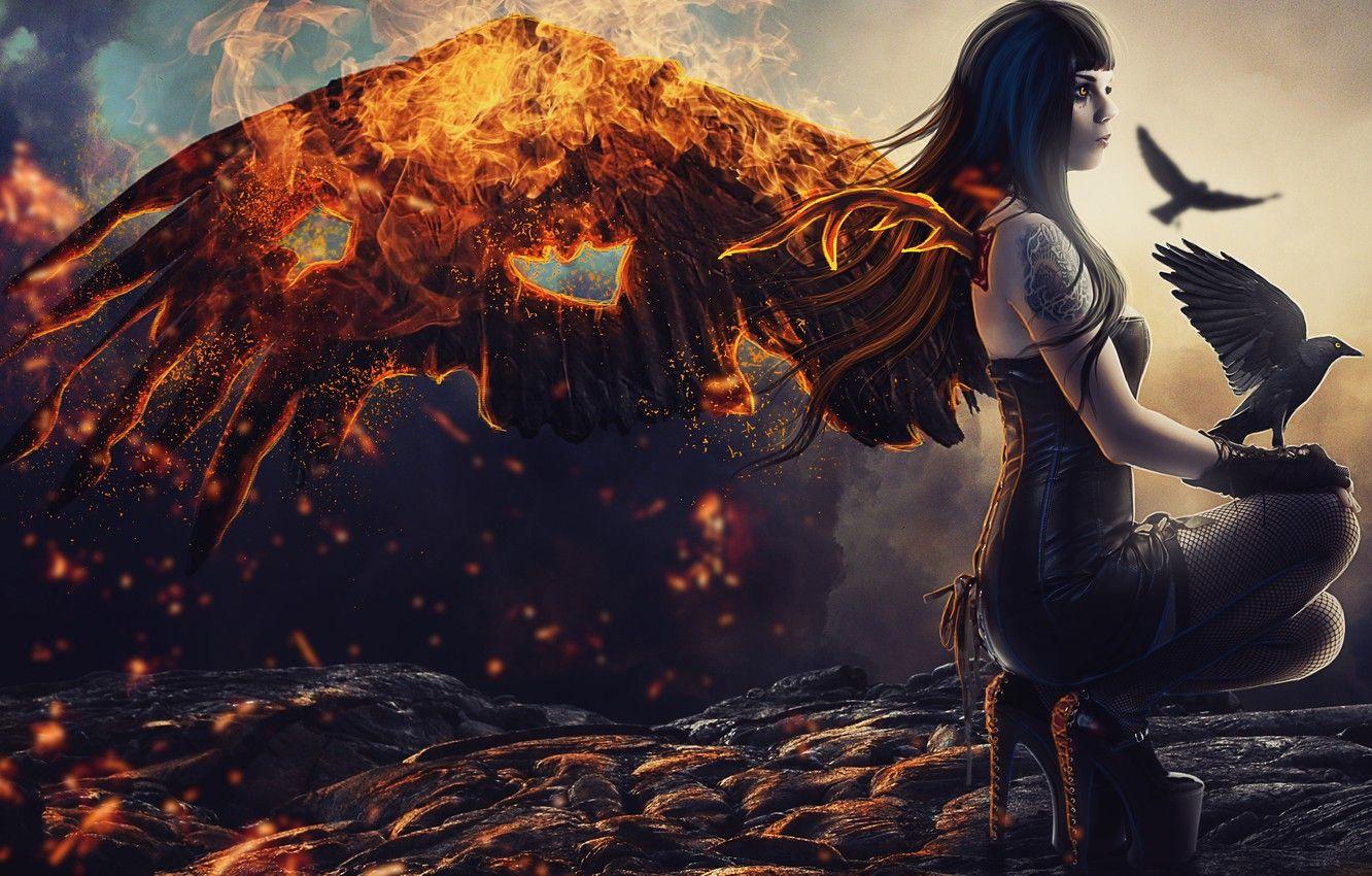 1332x850 Wallpaper girl, fire, wings, tattoo, art, lava, profile, Raven, fallen angel image for desktop, section фантастика