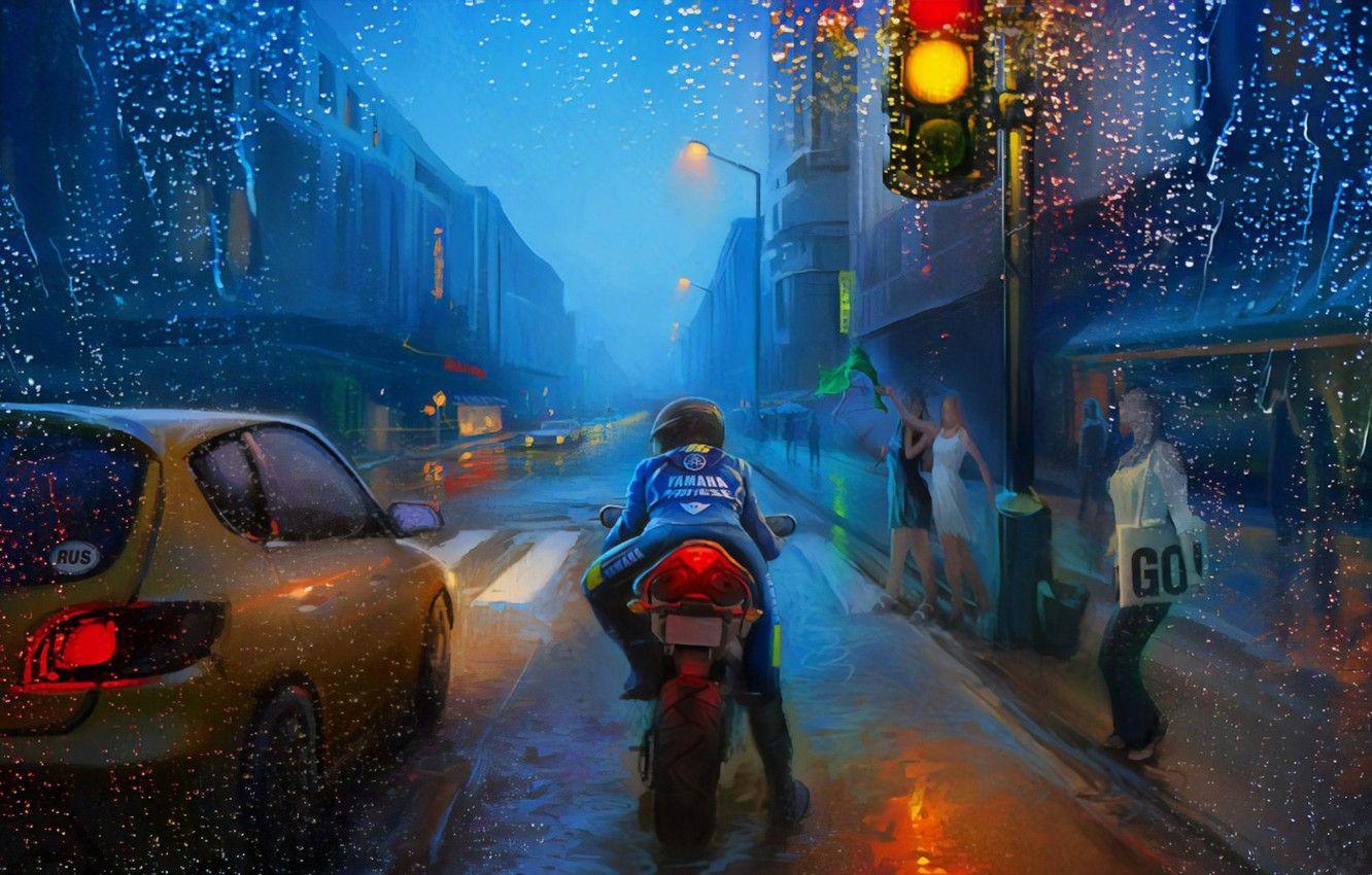 1332x850 Wallpaper Art, Street, Rain, Bike image for desktop, section арт