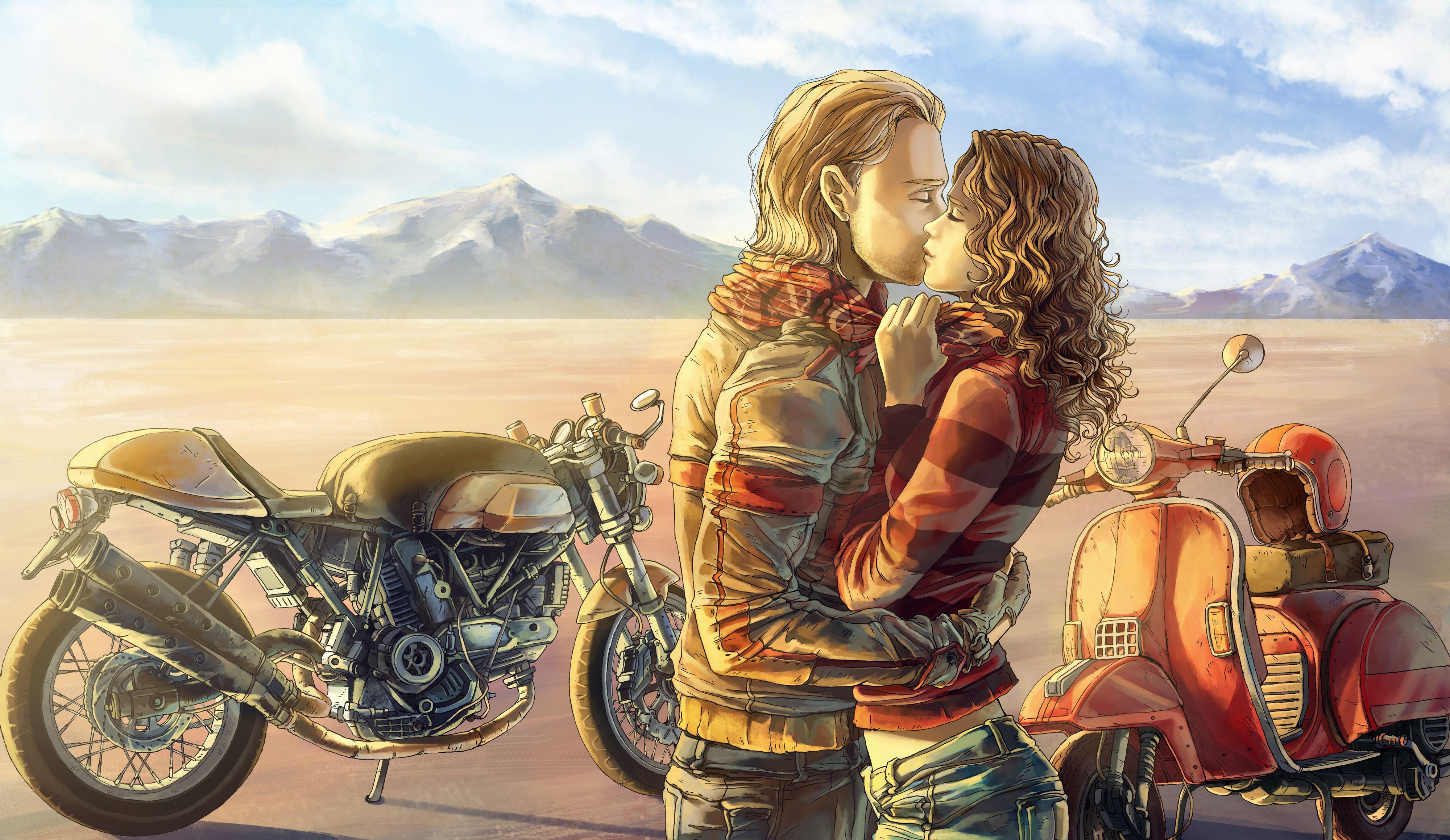 4000x2319 Mood kiss love motorbike bike art painting g wallpaperx2319