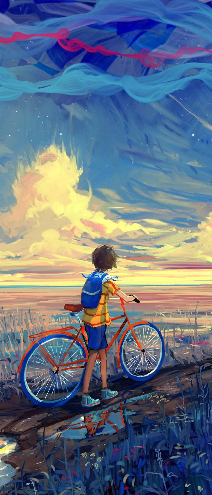 686x1600 Boy with a bicycle. digital art wallpaper Mobile Walls