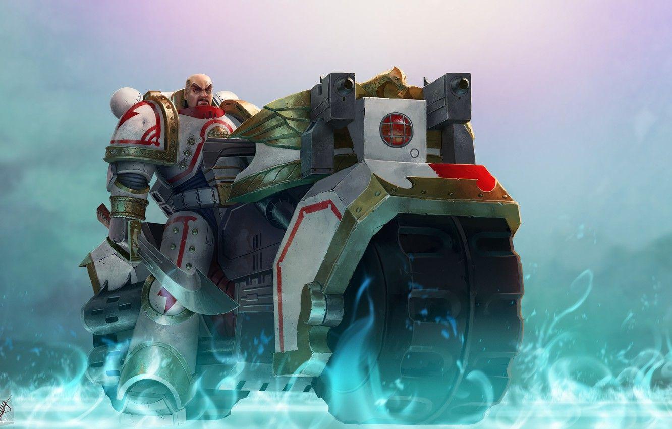 1332x850 Wallpaper fiction, armor, warhammer, bike, art, space marine, warhammer 40k, white scar image for desktop, section фантастика