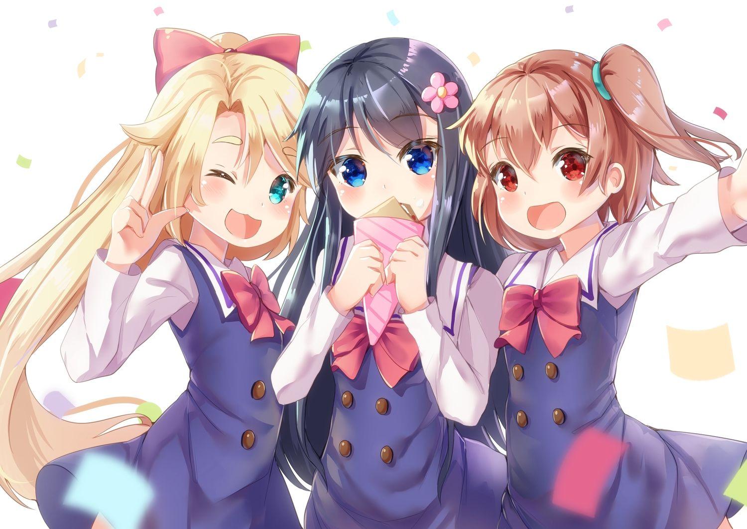 1500x1061 aqua eyes black hair blonde hair blue eyes brown hair cat smile himesaka noa holmemee hoshino hinata loli long hair red eyes shirosaki hana short hair watashi ni tenshi ga maiorita!