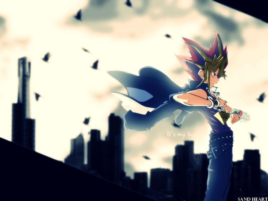 1024x768 yami yugi male sky city card game anime oh