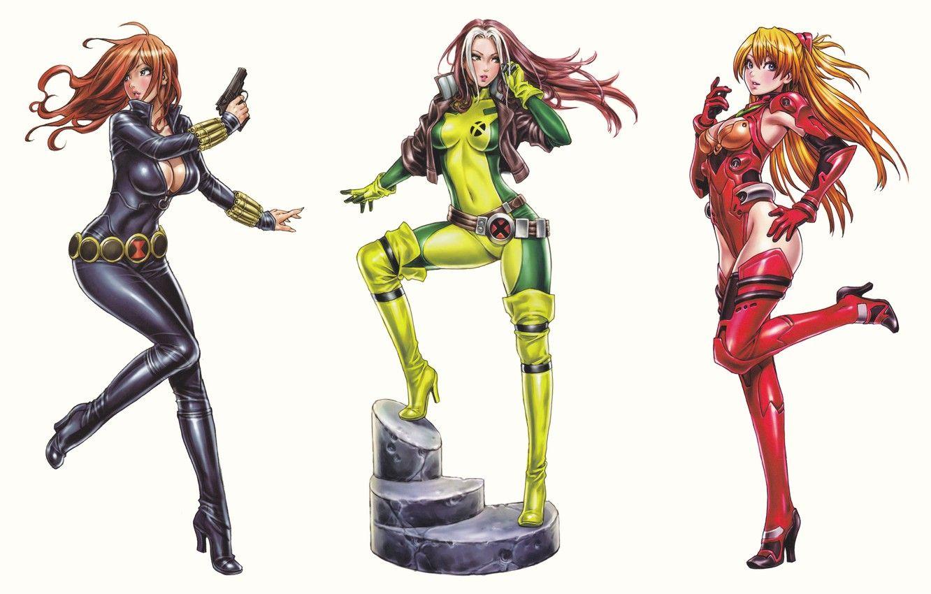 1332x850 Wallpaper Fiction, Anime, White Background, Neon Genesis Evangelion, Girls, Art, Comic, Rogue, Black Widow, Avengers, Asuka Langley, X Men, Shunya, Yamashita Image For Desktop, Section фантастика