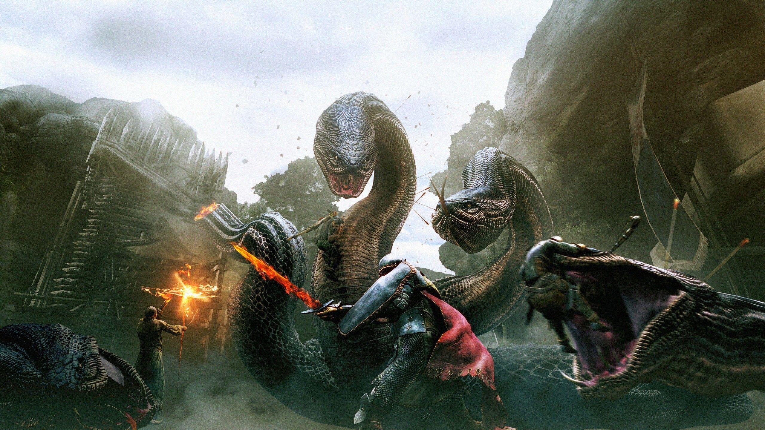 2560x1440 dragons, dogma, macbook, abstract background, warriors, medieval