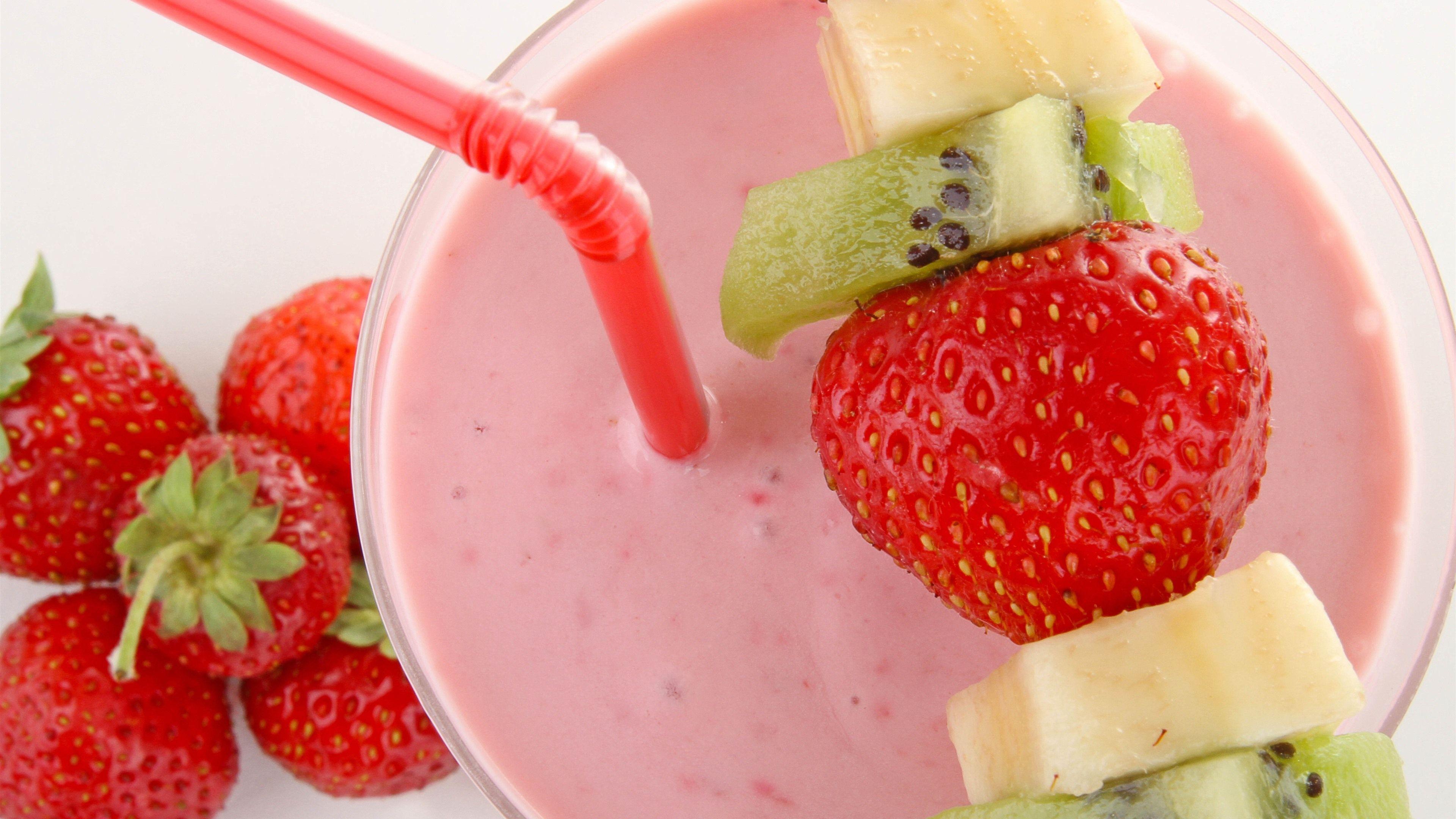 3840x2160 Wallpaper Yogurt, strawberries, pink 5120x2880 UHD 5K Picture, Image