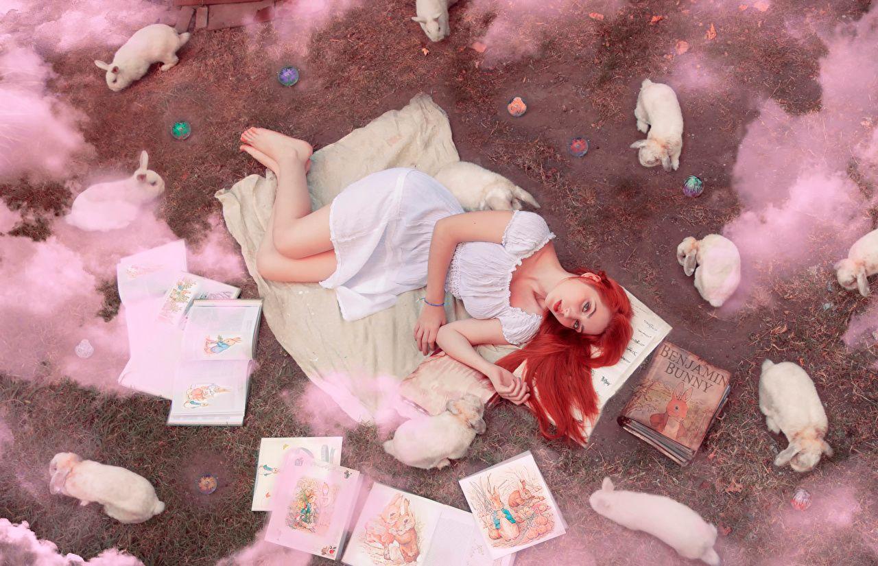 1280x825 image rabbit Redhead girl Girls books Animals