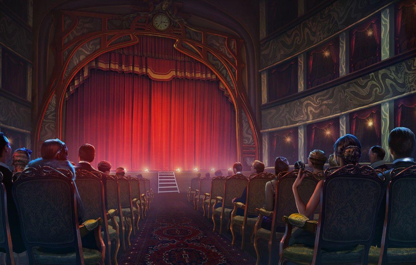 1332x850 Wallpaper scene, chairs, curtain, the audience, Theatre image for desktop, section рендеринг