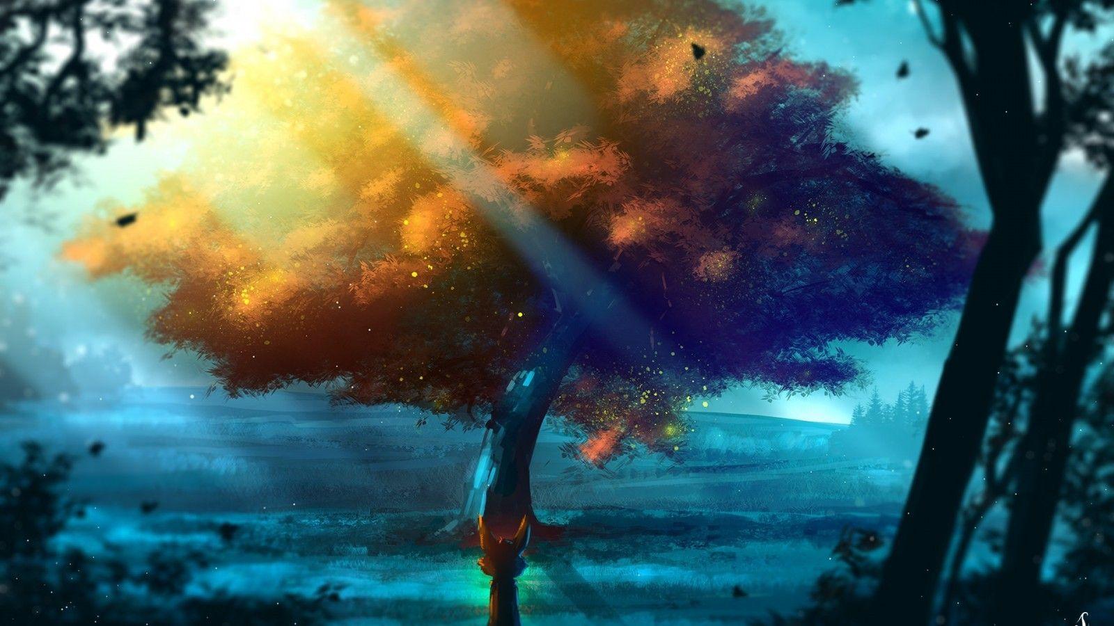 1600x900 Download 1600x900 Fantasy Landscape, Fox, Back View, Fantasy World, Tree, Sunbeam, Scenic Wallpaper