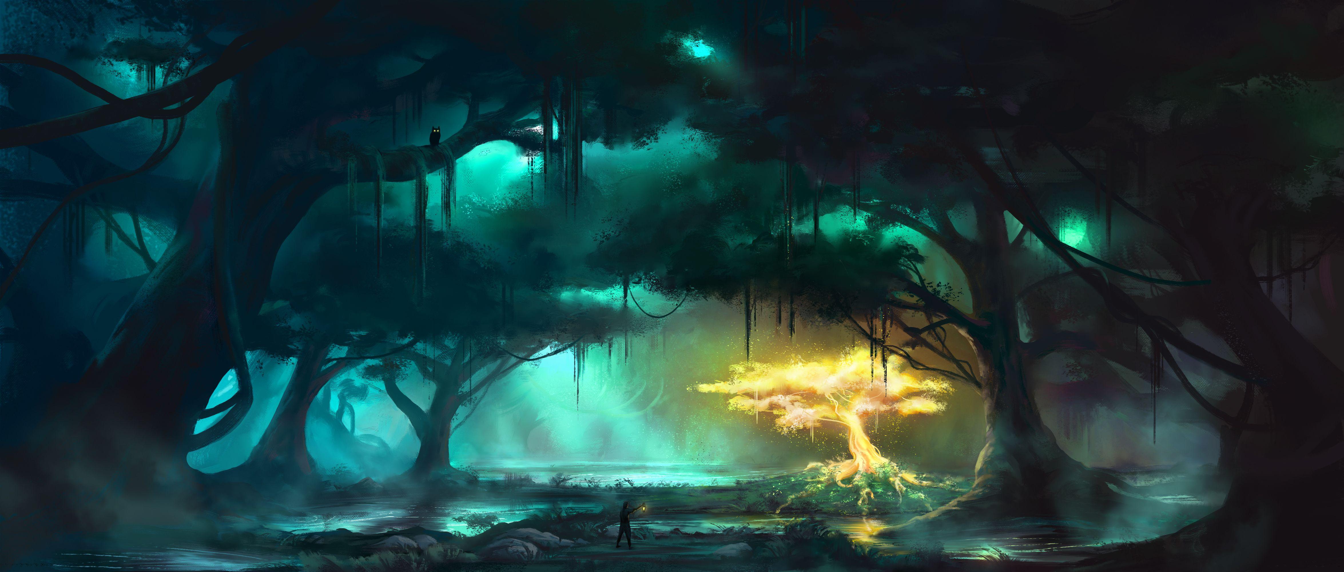 4700x2000 Desktop Wallpaper Fantasy Swamp Fantastic world Trees 4700x2000