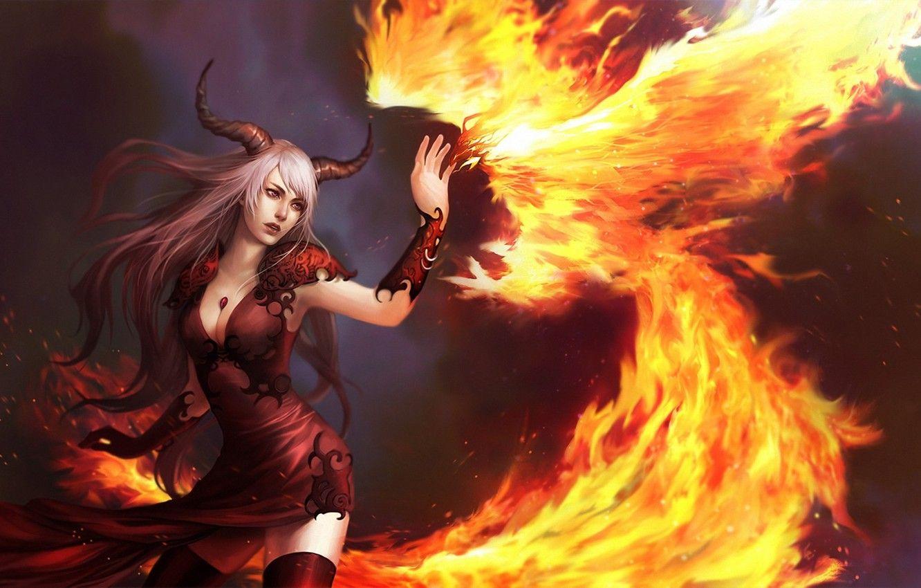 1332x850 Wallpaper girl, fire, bird, the demon, art, horns, Phoenix, demoness image for desktop, section фантастика