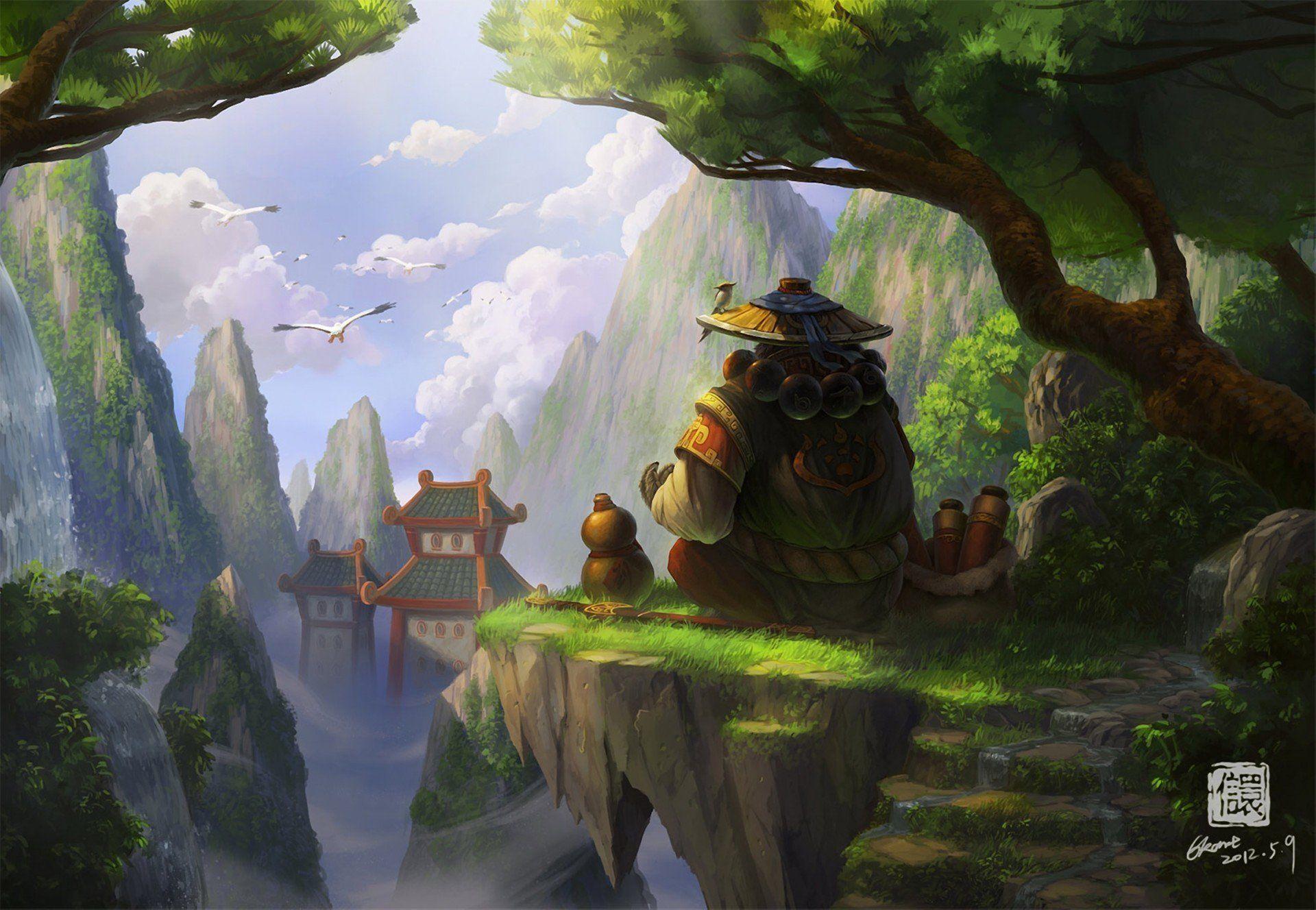 1920x1328 art world of warcraft mists of pandaria panda asia birds rock hat