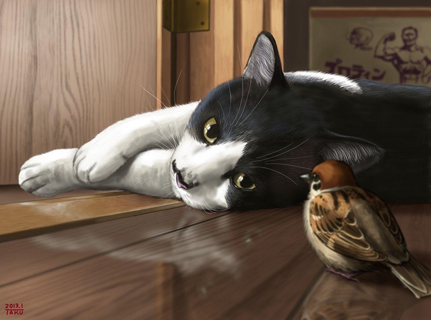 1440x1069 Cat Painting Animal Bird Cute Art Wallpaper Of Cats And Kittens