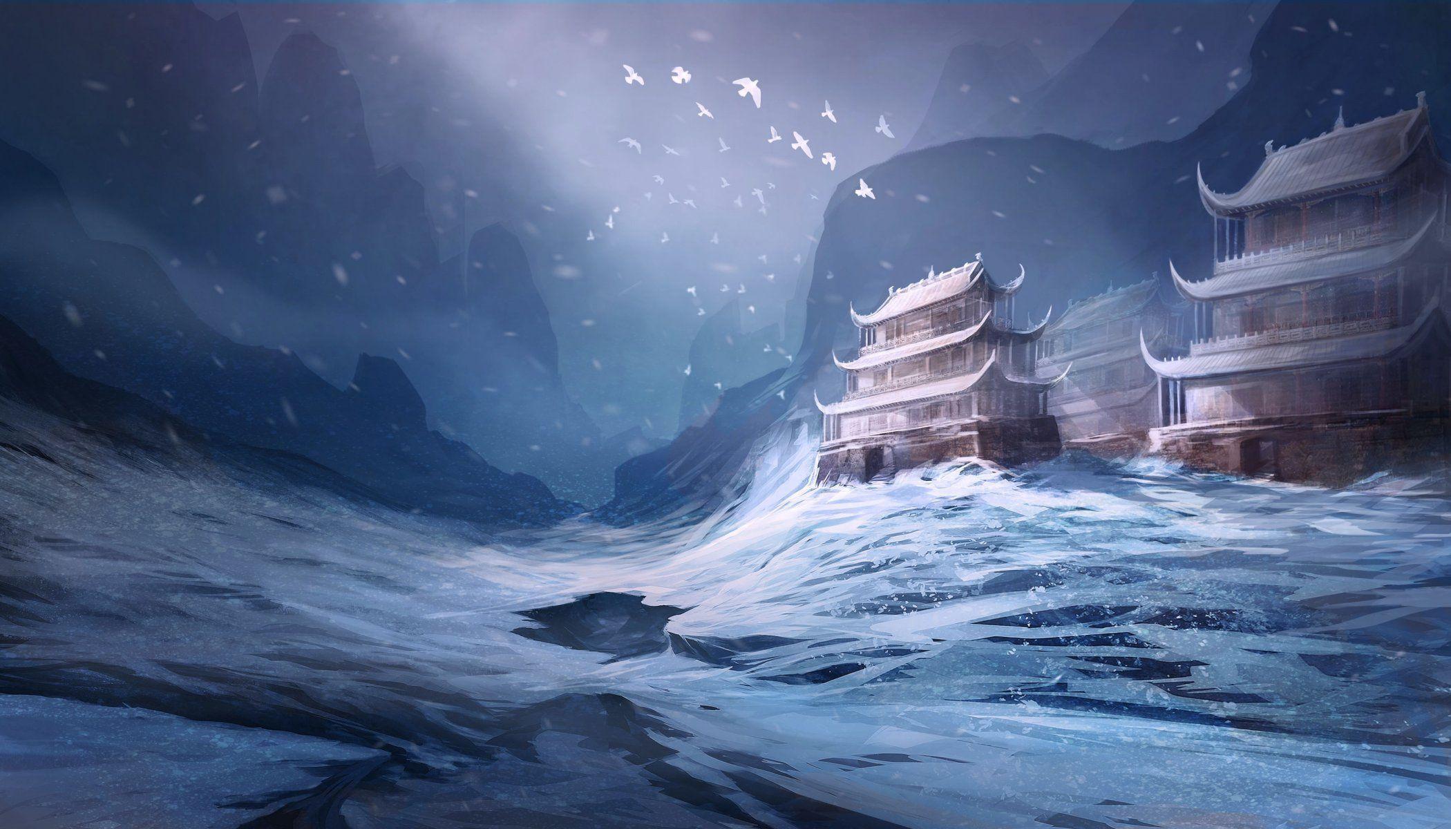 2100x1200 art snow winter asia temple birds HD wallpaper