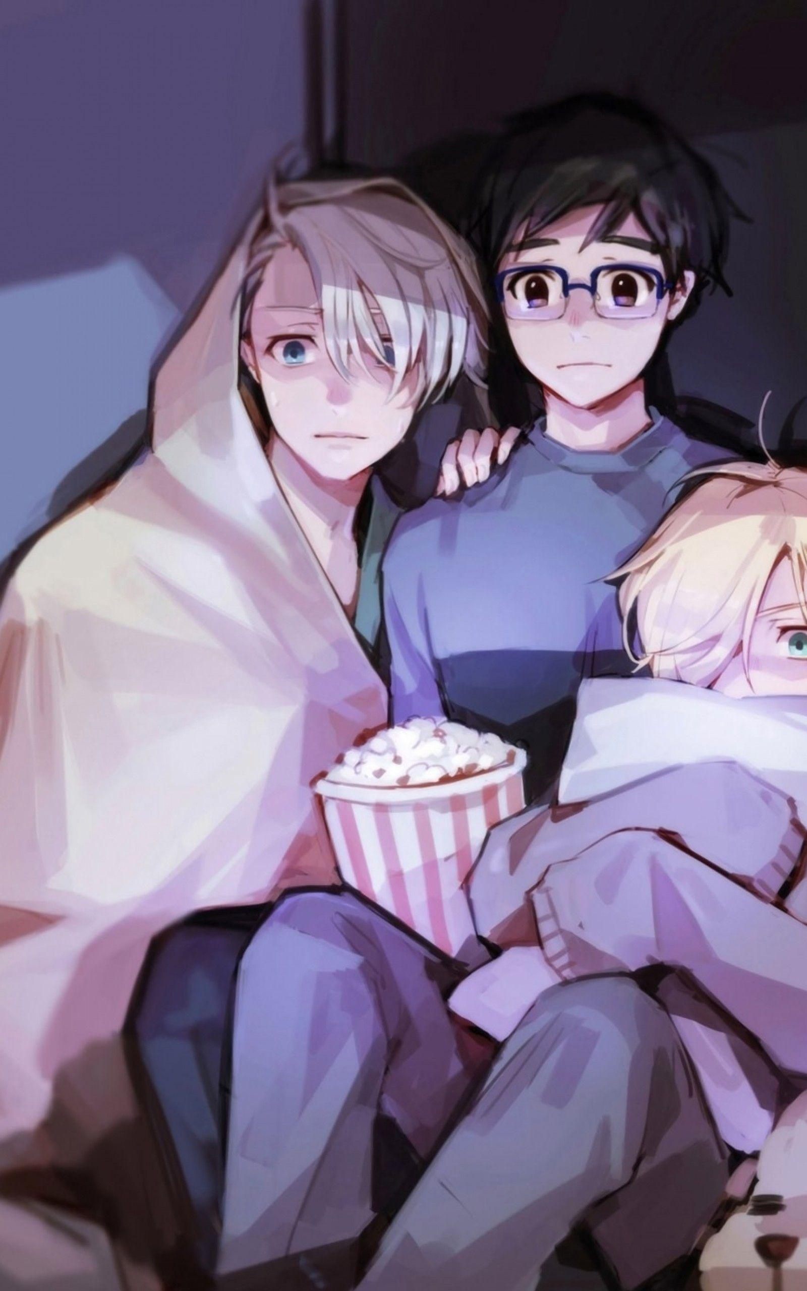 1600x2560 Download 1600x2560 Katsuki Yuuri, Viktor Nikiforov, Yuri Plisetsky, Yuri On Ice, Watching Horror Movie Wallpaper for Google Nexus 10
