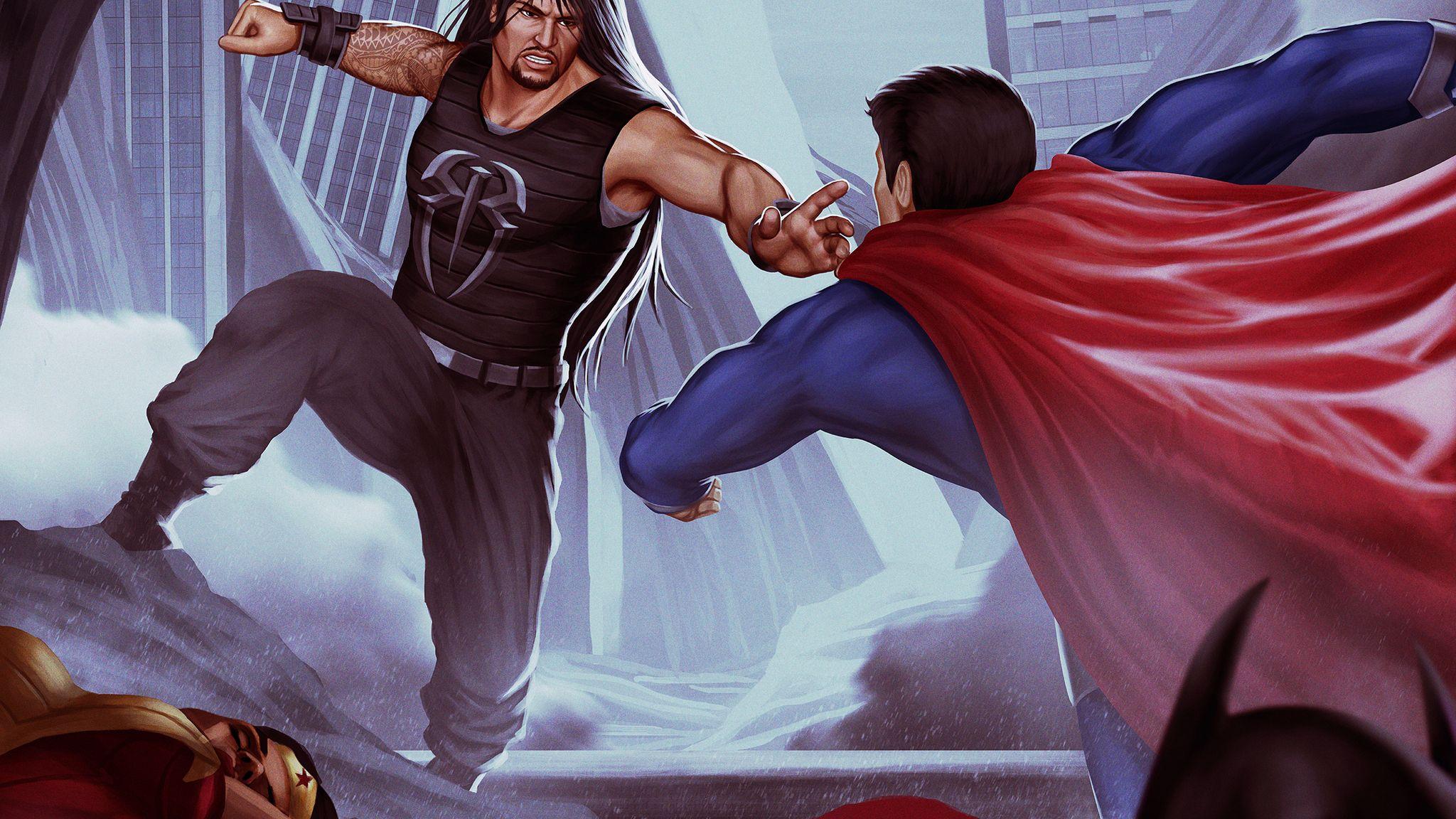 2048x1152 Roman Reigns Vs Superman Art 2048x1152 Resolution HD 4k Wallpaper, Image, Background, Photo and Picture