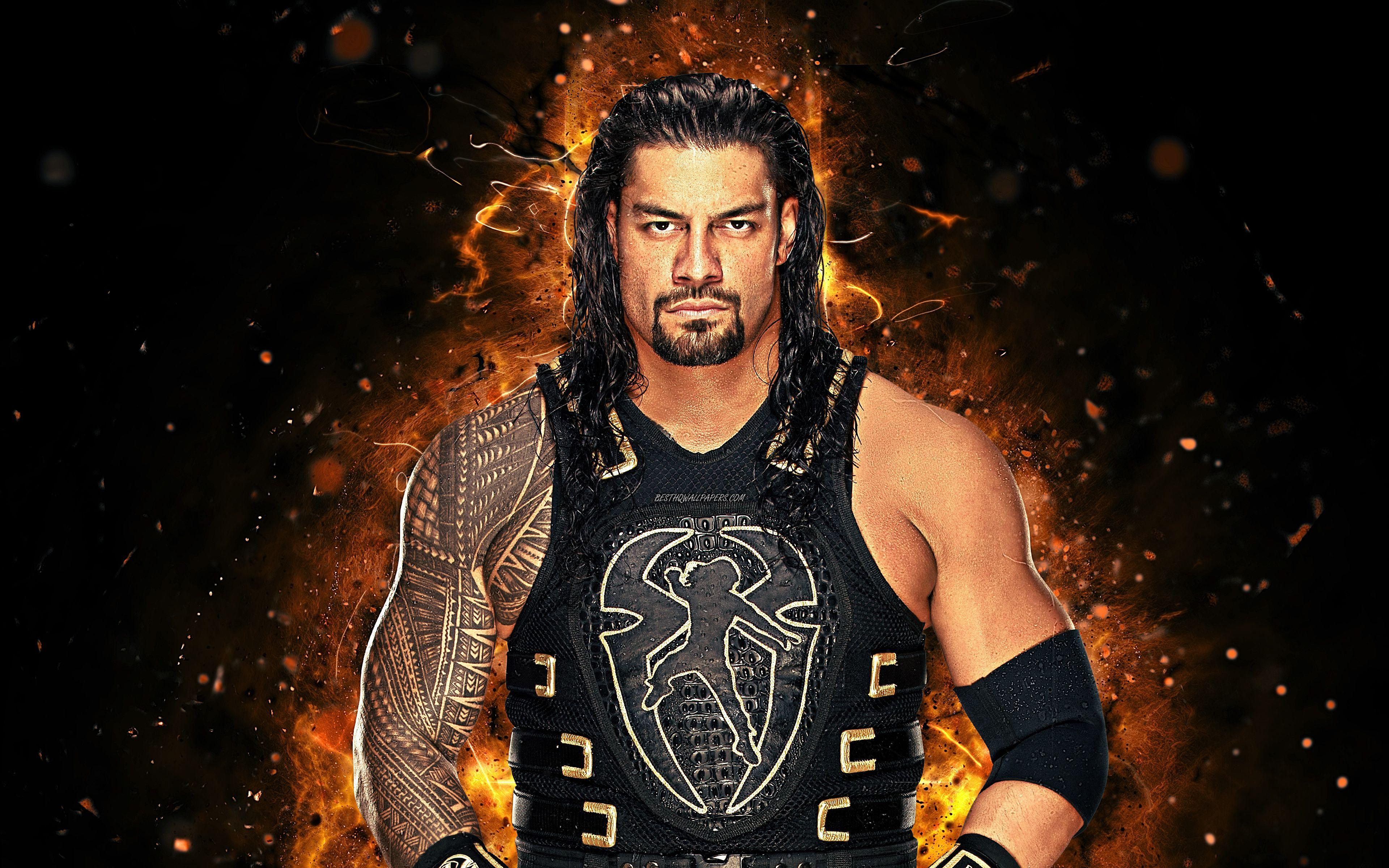 3840x2400 Download wallpaper Roman Reigns, 4k, abstract art, wrestler, WWE, neon lights, Leati Joseph Anoai for desktop with resolution 3840x2400. High Quality HD picture wallpaper
