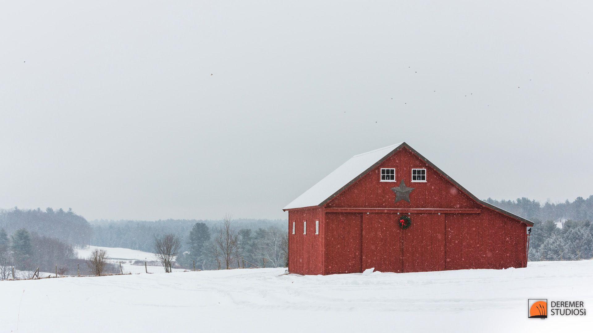 1920x1080 Snowy Red Barn Desktop Wallpaper