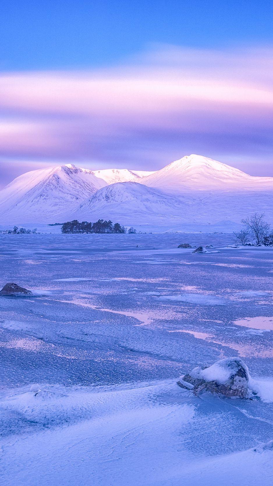 938x1668 Download Wallpaper 938x1668 Mountains, Winter, Sky, Pink, Snow, Blue, Loch Lomond, Rannoch Moor, Scotland Iphone 8 7 6s 6 For Parallax HD Background