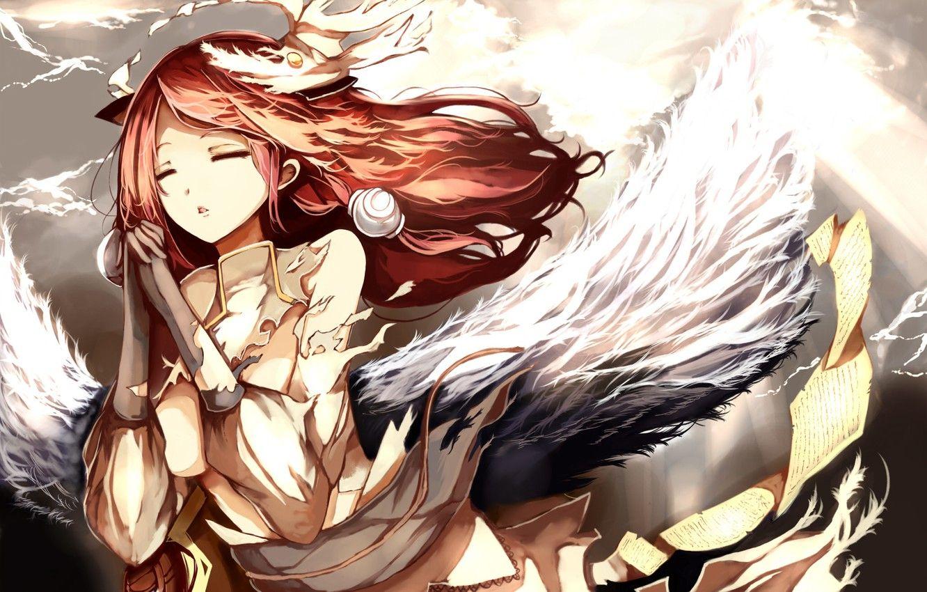 1332x850 Wallpaper girl, wings, anime, art, leaves, blazblue, tsubaki yayoi, venomrobo image for desktop, section сёдзё