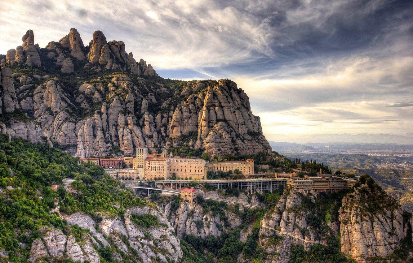 1332x850 Wallpaper clouds, landscape, mountains, nature, Cathedral, Spain, the monastery, Barcelona, Santa Maria de Montserrat image for desktop, section пейзажи
