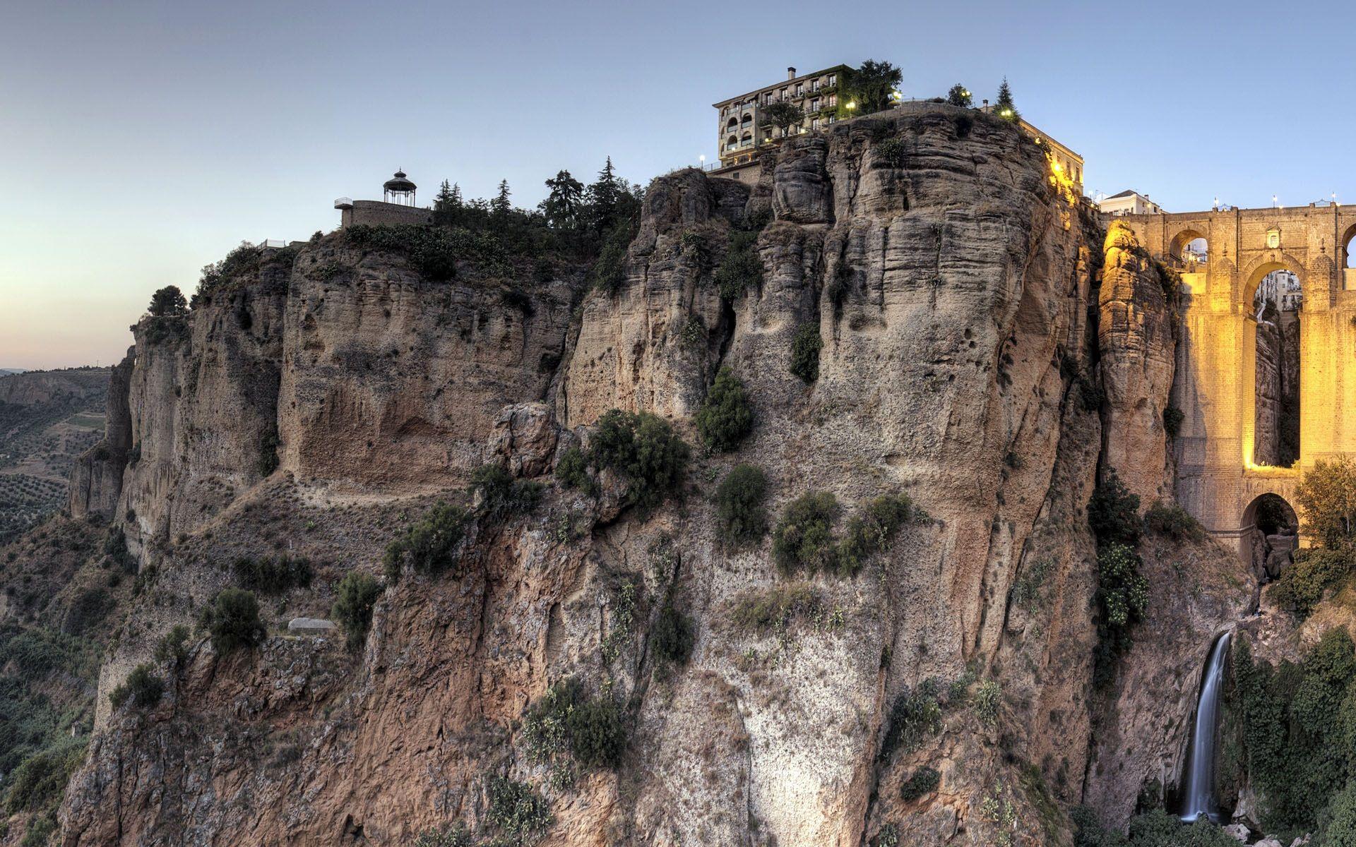 1920x1200 Wallpaper New Bridge, Ronda, Malaga, Spain, cliff, houses, dusk 3840x1200 Multi Monitor Panorama Picture, Image
