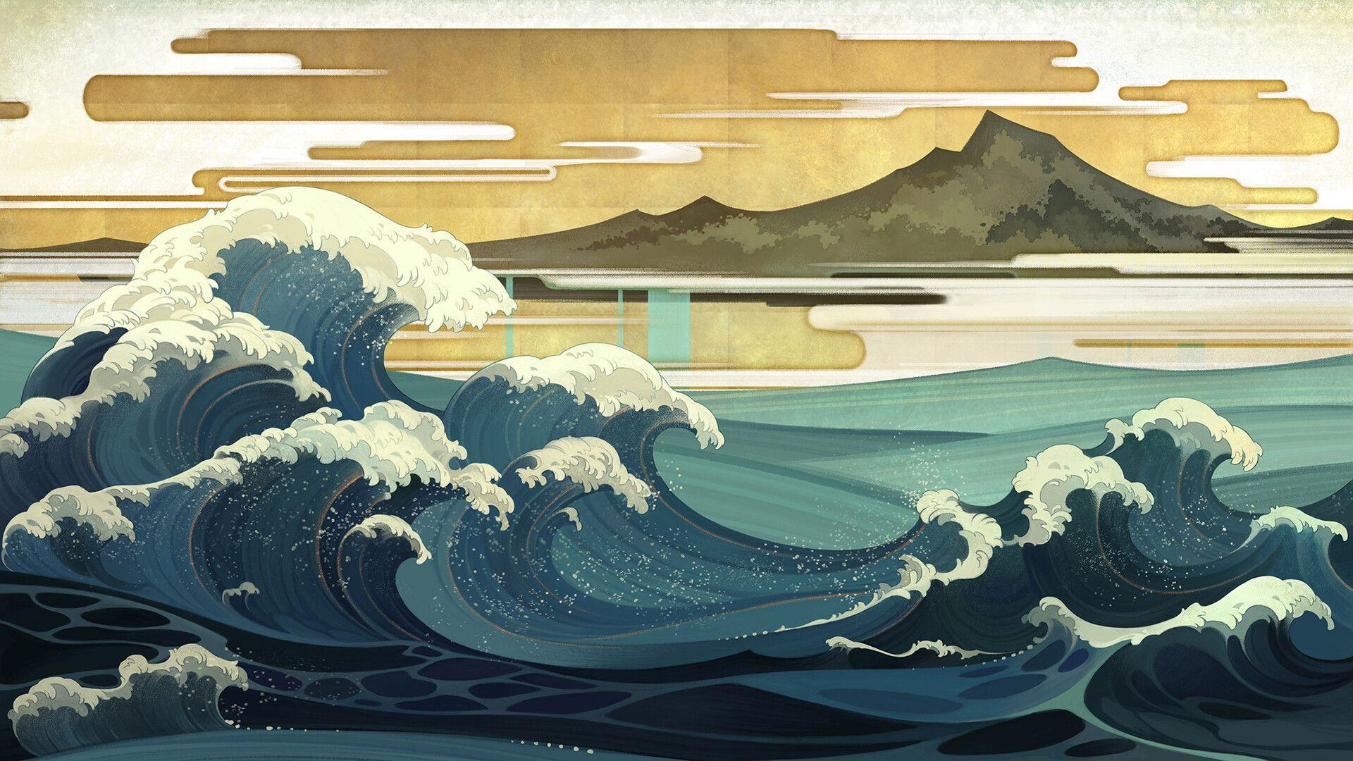 1920x1080 aric.artstation.com #art #japanese #japaneseart #bigwave #tradidionalart # japan. Desktop wallpaper art, Japanese art, Artwork