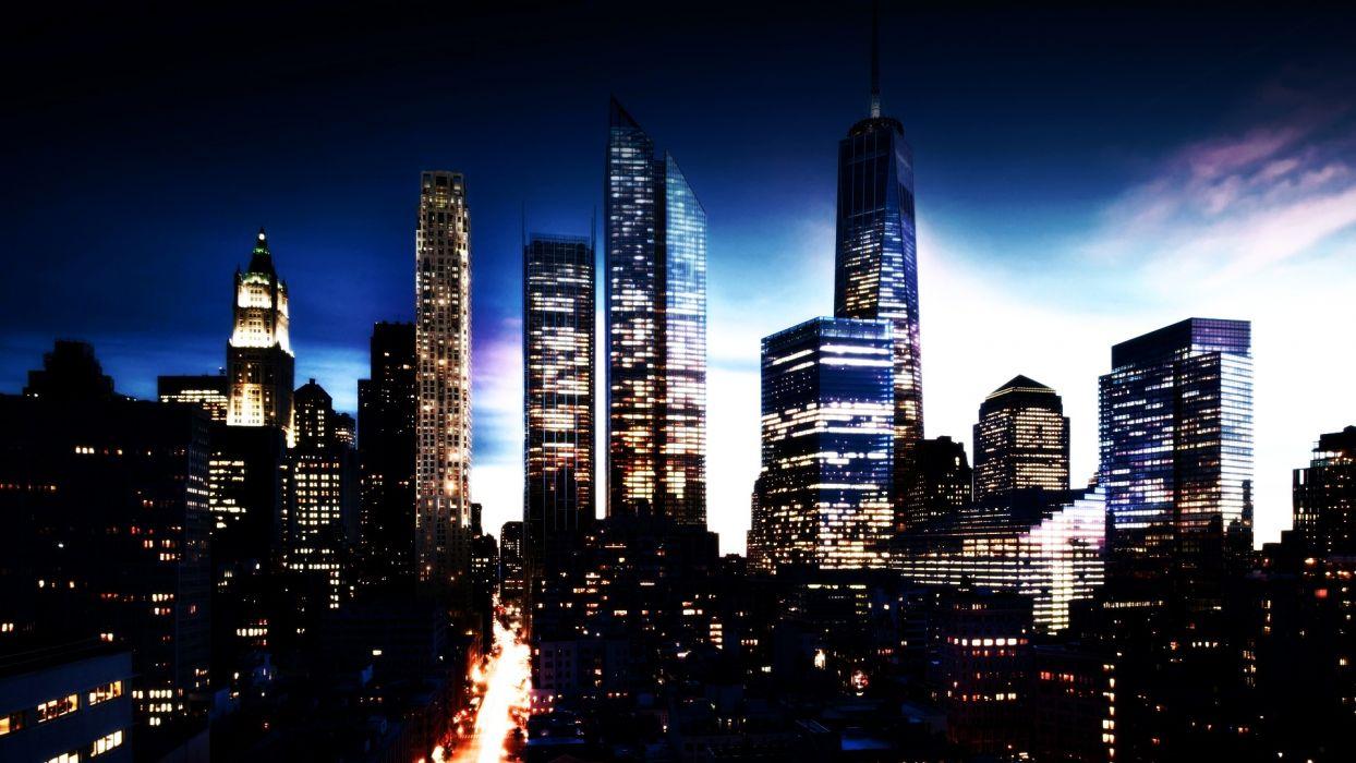 1244x700 New York Buildings Skyscrapers Manhattan world cities skyline cityscape night lights sunset sunrise sky roads wallpaperx1080