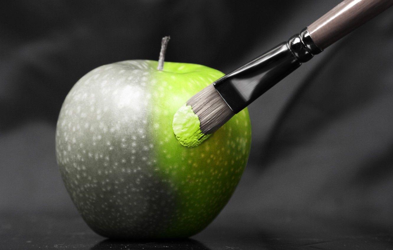 1332x850 Wallpaper green, creative, background, widescreen, black and white, Wallpaper, Apple, fruit, brush, wallpaper, brush, different, widescreen, background, full screen, HD wallpaper image for desktop, section разное