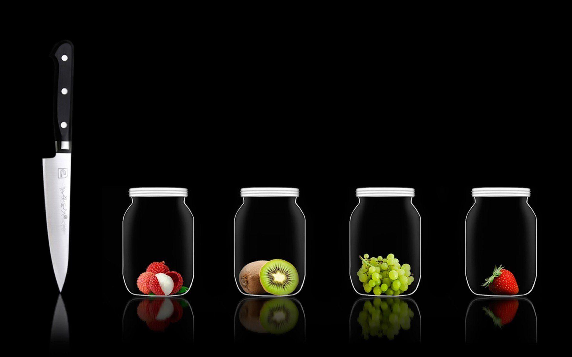 1920x1200 jars, Fruit, Knife, Kiwi (fruit), Grapes, Strawberries, Black background, Reflection HD Wallpaper / Desktop and Mobile Image & Photo