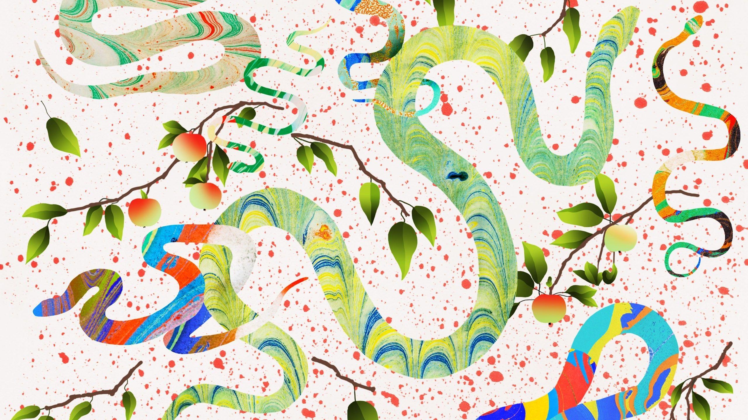 2560x1440 digital Art, Abstract, Artwork, Animals, Snake, Branch, Leaves, Paint Splatter, White Background, Fruit, Apples, Colorful Wallpaper HD / Desktop and Mobile Background