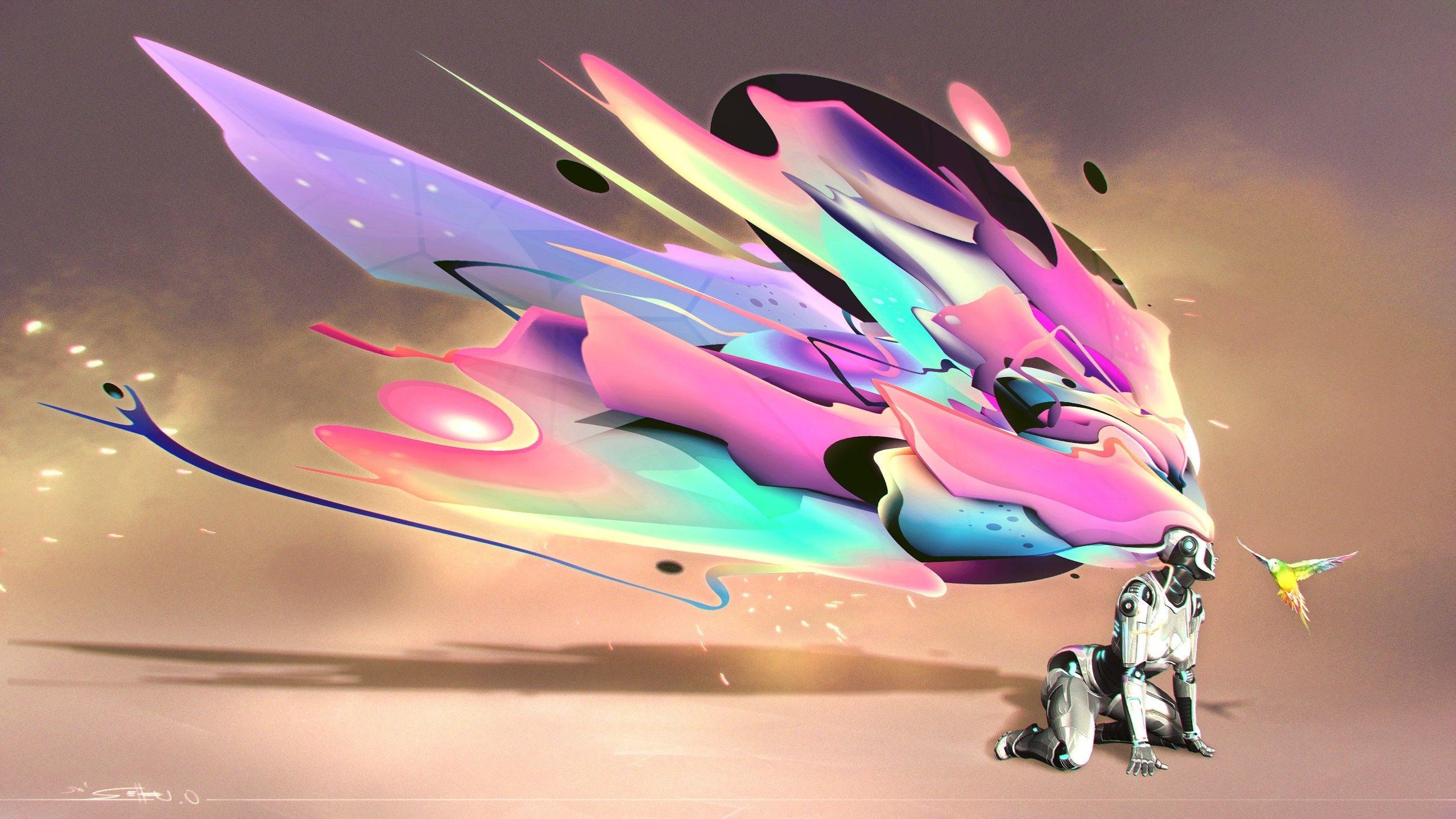 2560x1440 digital art fantasy art cgi robot birds parrot colorful surreal Wallpaper HD / Desktop and Mobile Background