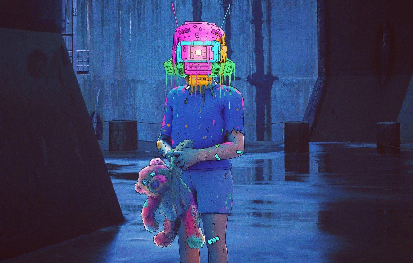 1332x850 Wallpaper Robot, Toy, Bear, Fantasy, Art, Robot, Fiction, Neon, Colors, Illustration, Concept Art, Face, Science Fiction, Cyberpunk, Nick Sullo, by Nick Sullo image for desktop, section фантастика