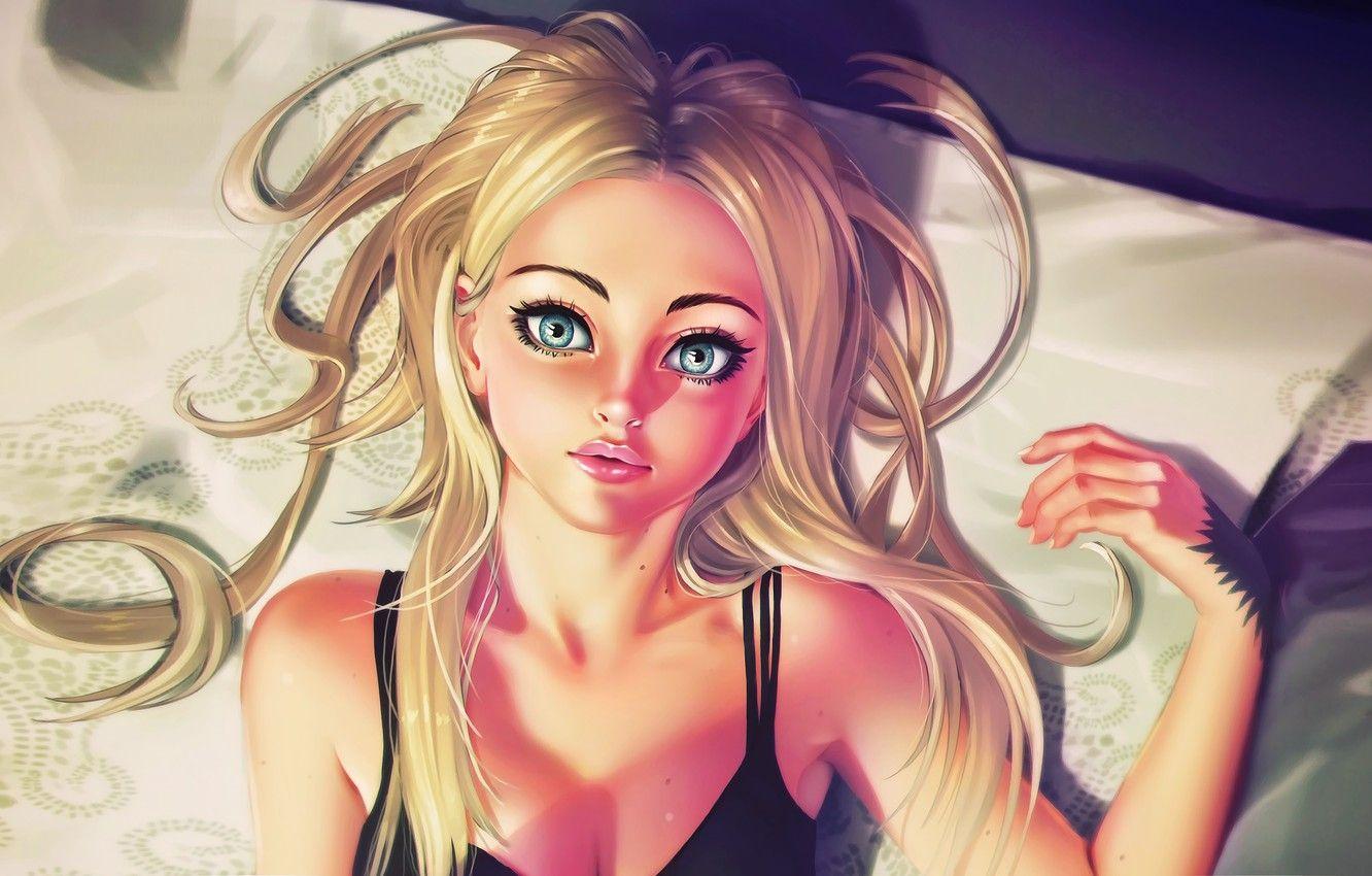 1332x850 Wallpaper Girl, long hair, art, blue eyes, tattoo, lips, blonde, digital art, artwork, concept art, CGI, mouth, tank top, bare shoulders, lying on back, black top image for desktop, section арт