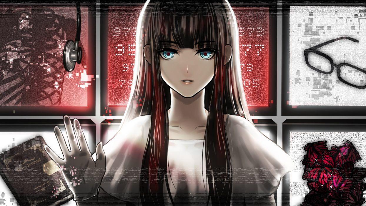 1244x700 Anime girl blue eyes book brown hair butterfly glasses long hair wallpaperx1080