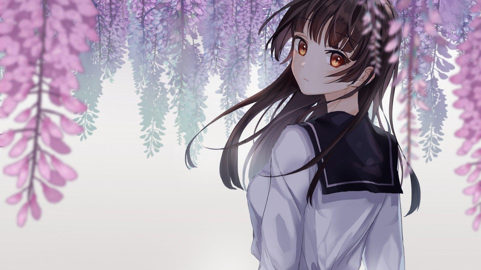 1920x1080 Download 1920x1080 Anime School Girl, Brown Hair, Sakura Blossom, Back View, Leaves Wallpaper for Widescreen