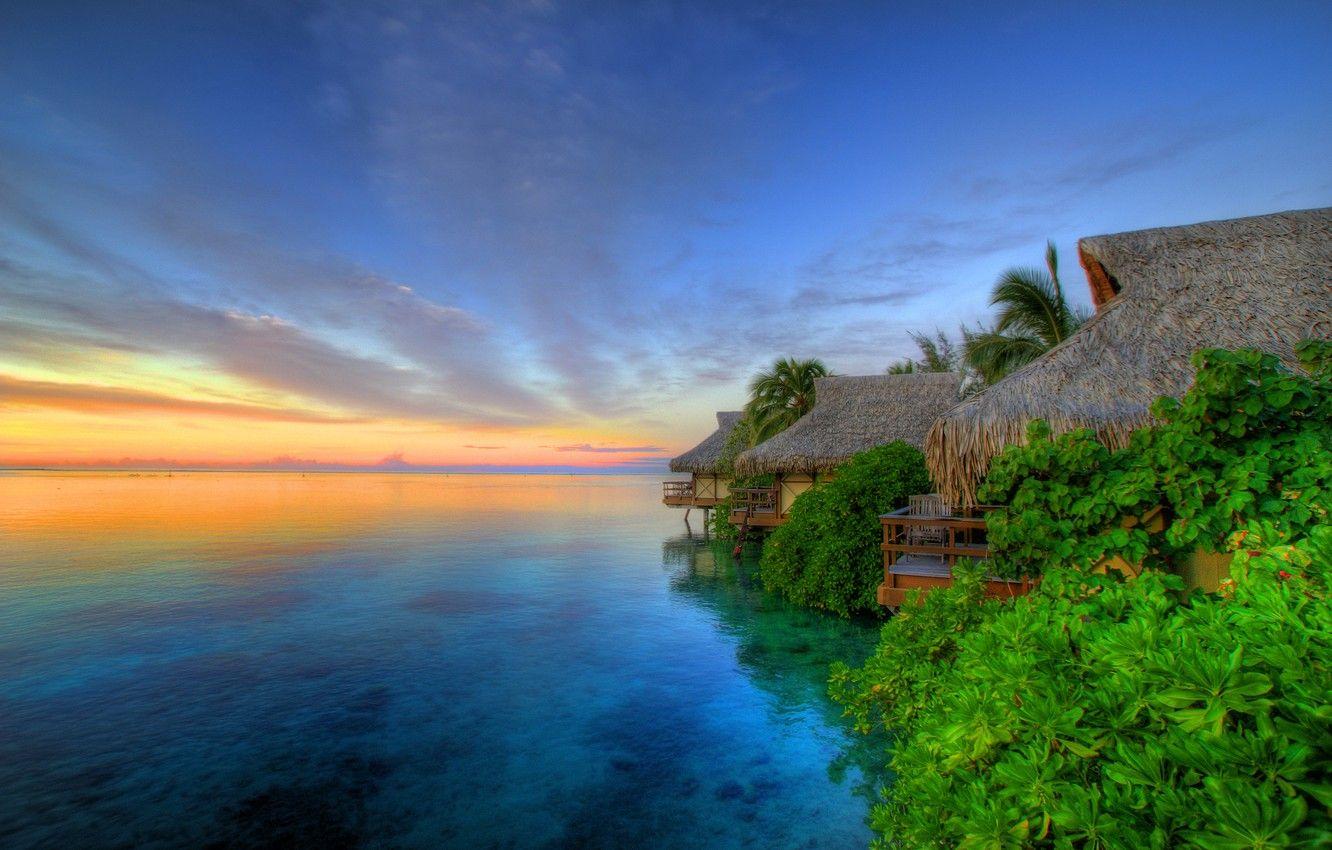 1332x850 Wallpaper Sunset, The island of Moorea, Tahiti image for desktop, section пейзажи