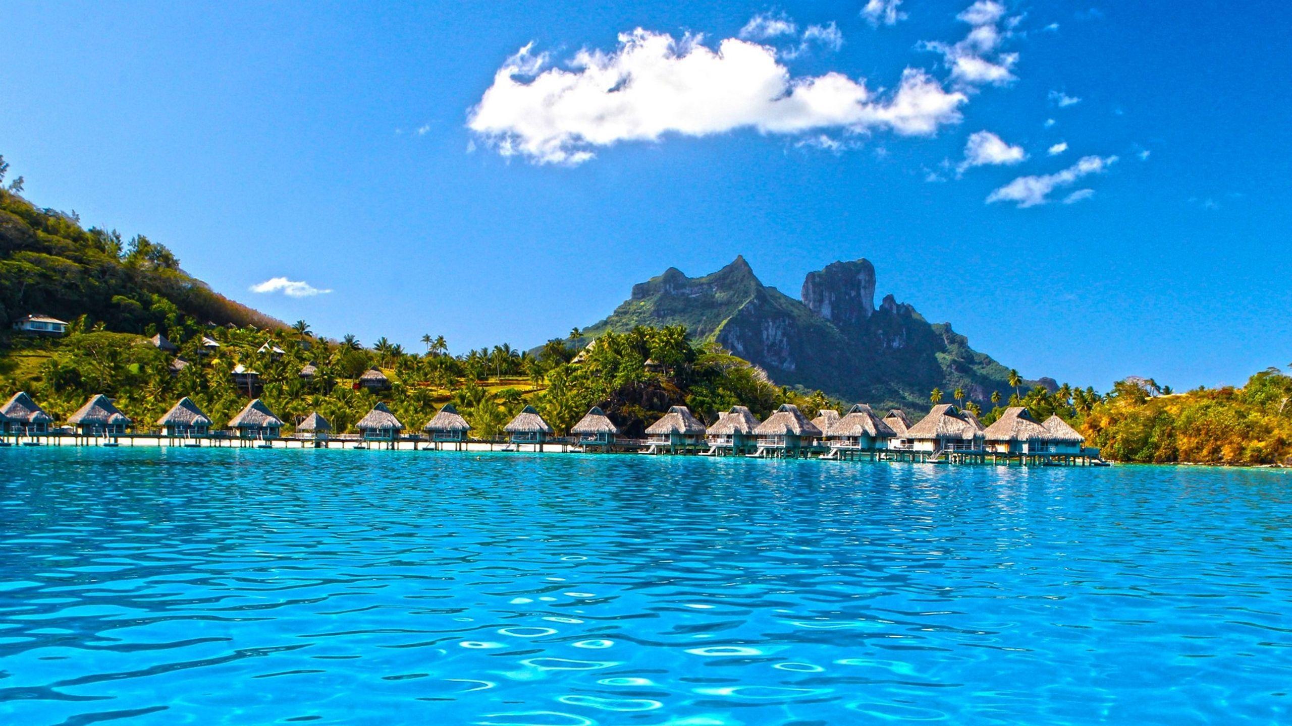 2560x1440 Perfect Blue Lagoon Ocean Water Villas Bungalows On Paradise Tropical Isl Bora Bora Polynesia Tahiti Desktop Background 341289 :