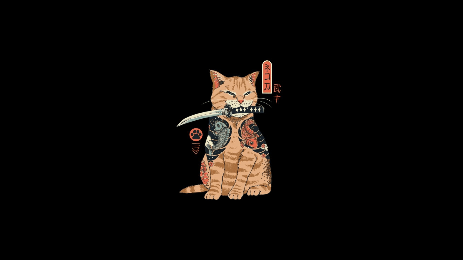1920x1080 Ninja Minimalism Samurai Japan Japanese Art Animal Collective Kitty Kitten By Name Woof Wallpaper:1920x1080