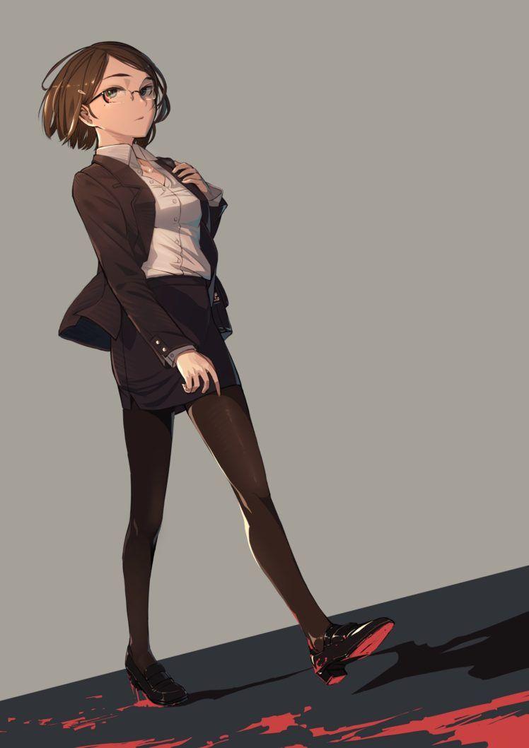 748x1058 short hair, Brunette, Anime, Anime girls, Business suit, Skirt, Glasses, Meganekko HD Wallpaper / Desktop and Mobile Image & Photo