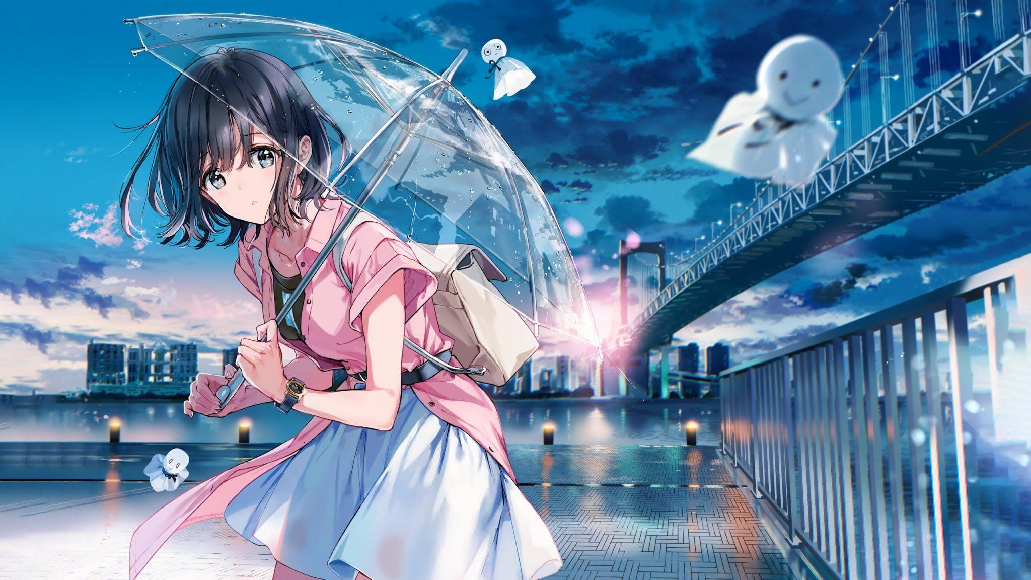 2048x1152 Wallpaper Anime, Girl, Cute, Umbrellaxfxwallpaper.