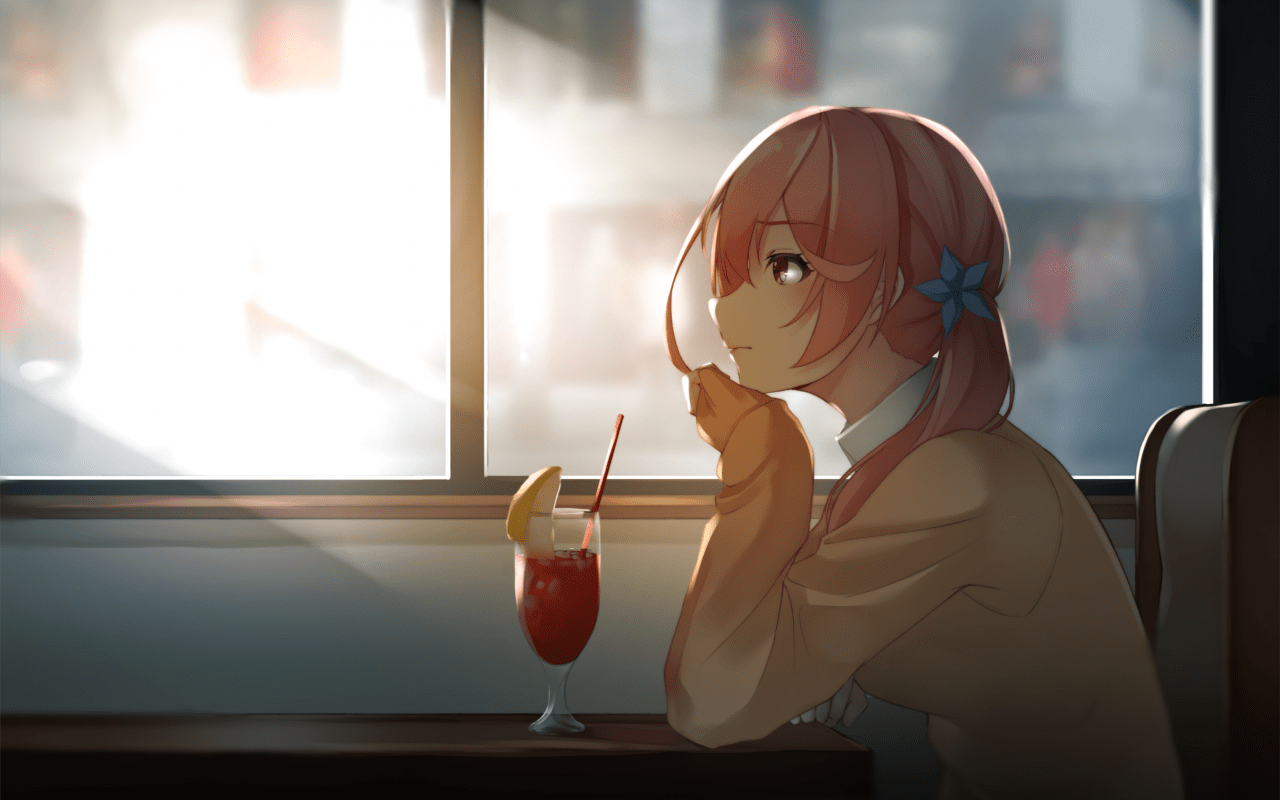 1280x800 Futaba Kitakami, Cafe, Profile View, Window, Virtual Anime Cafe Art HD Wallpaper