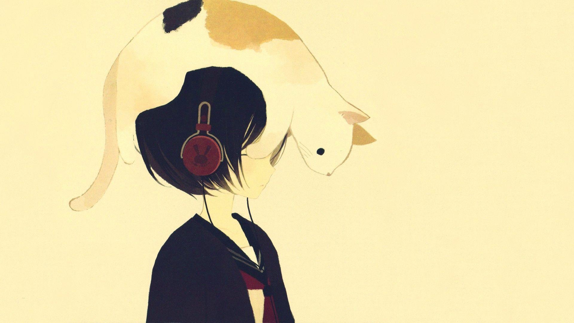1920x1080 headphones cats animals anime simple background anime girls phone 1920x1080 wallpaper High Quality Wallpaper, High Definition Wallpaper
