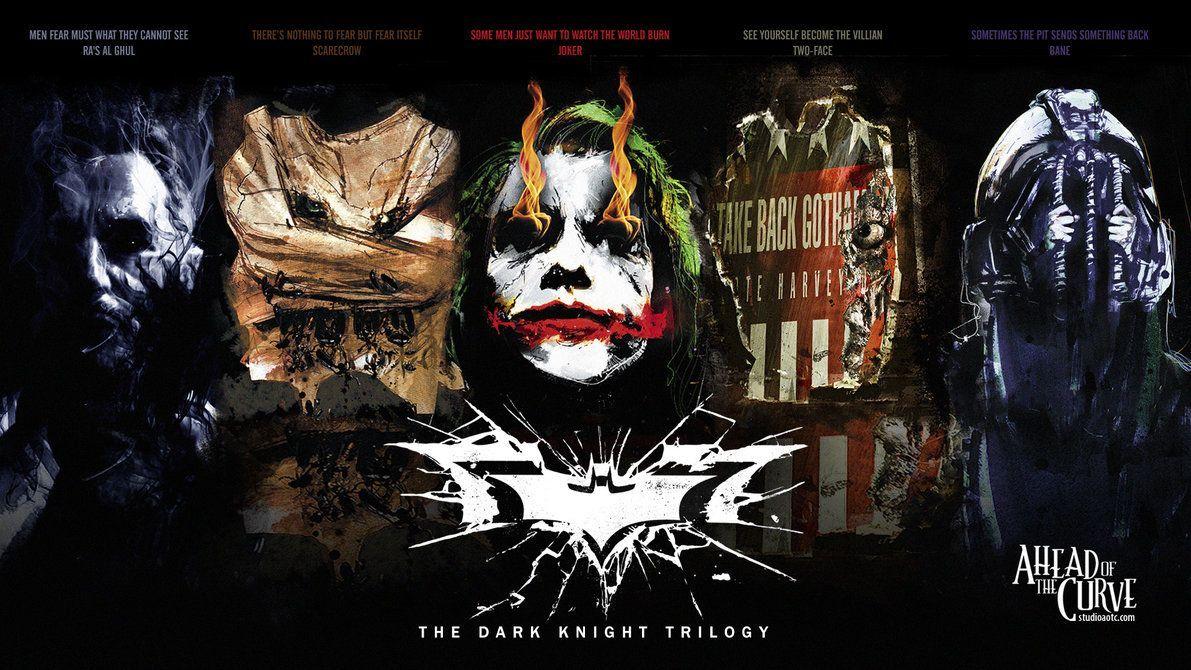 1191x670 The Dark Knight Nemesis trilogy wallpaper including Ra's al Ghul, Scarecrow, Joker, Two Face and Bane, with My Design studio logo 'Ahead of the Curve'. For more