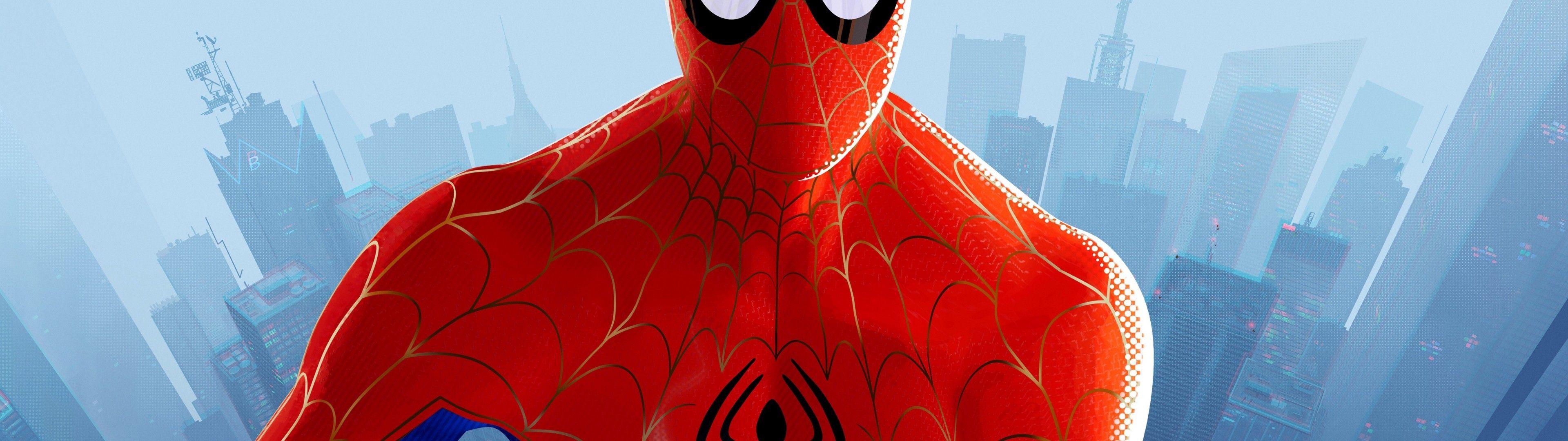 3840x1080 Download 3840x1080 Spider Man: Into The Spider Verse, Animation, Skyscrapers Wallpaper