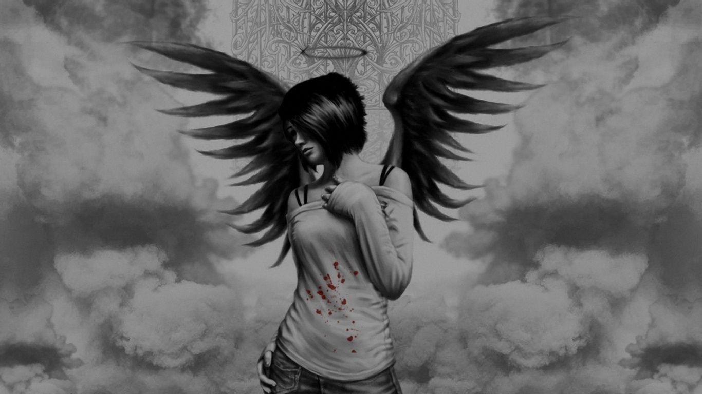 1366x768 Anime Girl Dark Wings desktop PC and Mac wallpaper