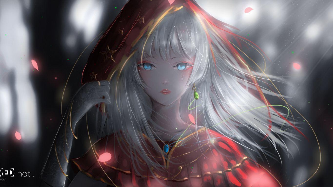 1366x768 Download Red hood, beautiful, blue eyes, anime girl wallpaper, 1366x Tablet, laptop